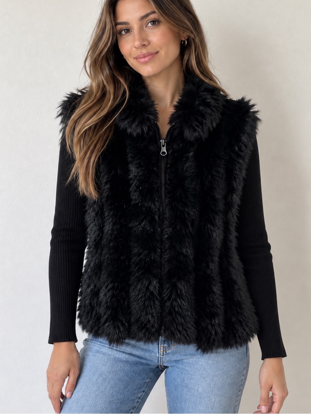 Cache Black Faux Fur Ribbedttt Knit Zip Jacket Sweater Size M Stretchy Glam